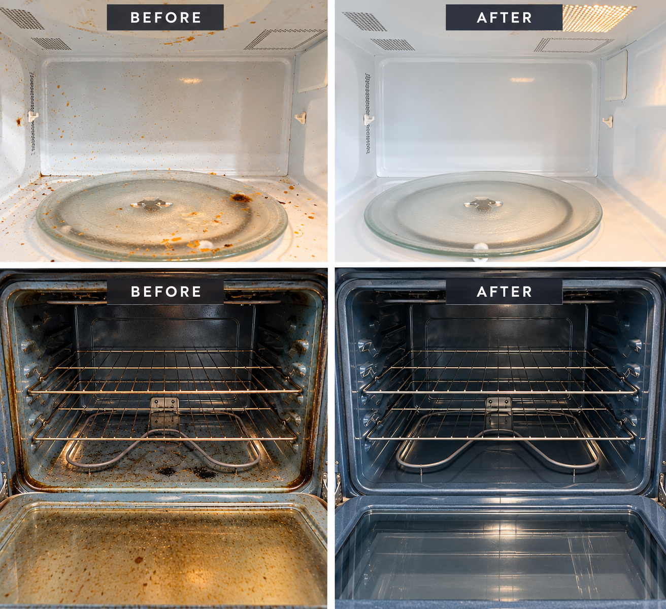Before-and-after comparison of microwave and oven interiors cleaned by Chaziez Clean