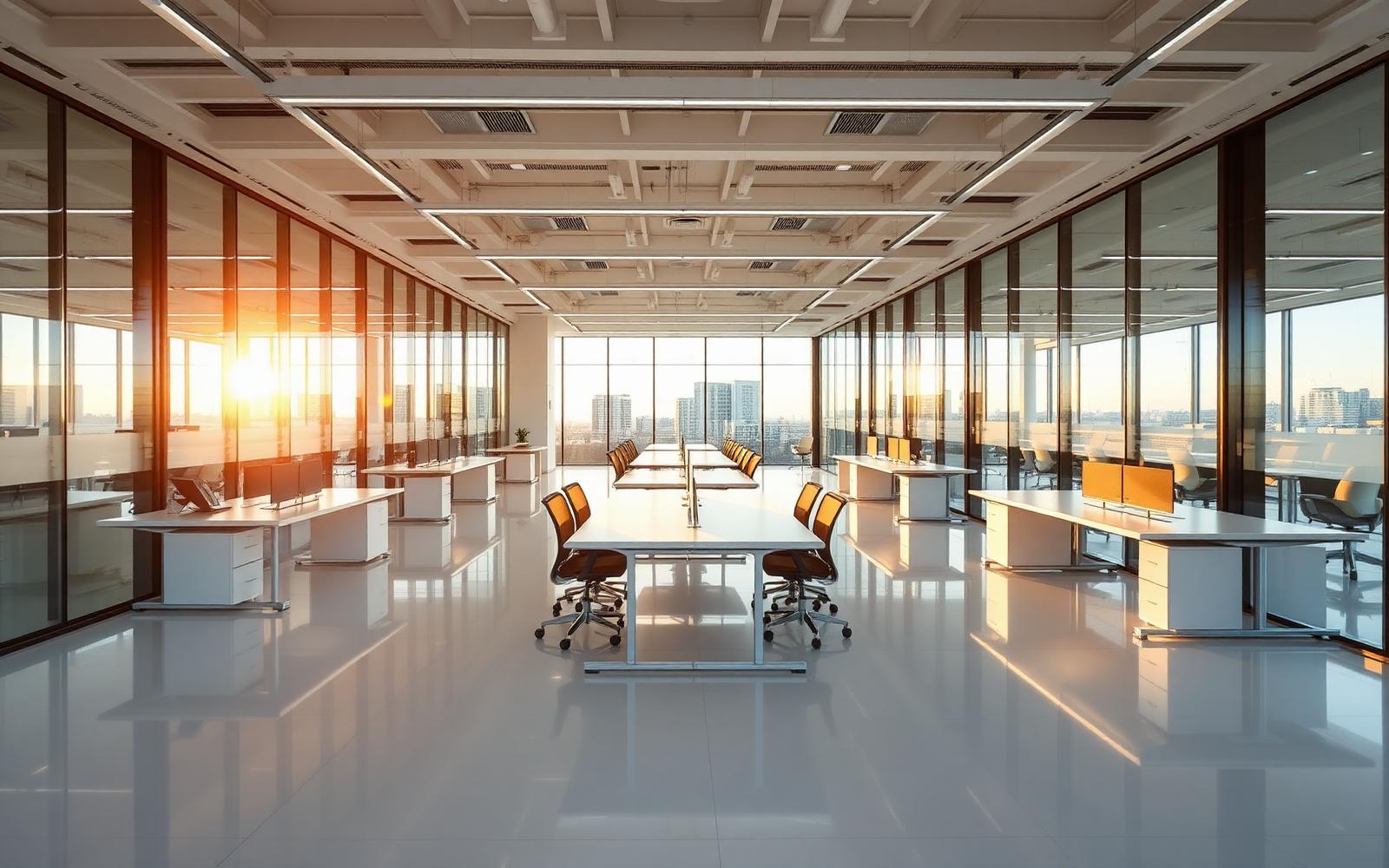 Modern office cleaned at golden hour